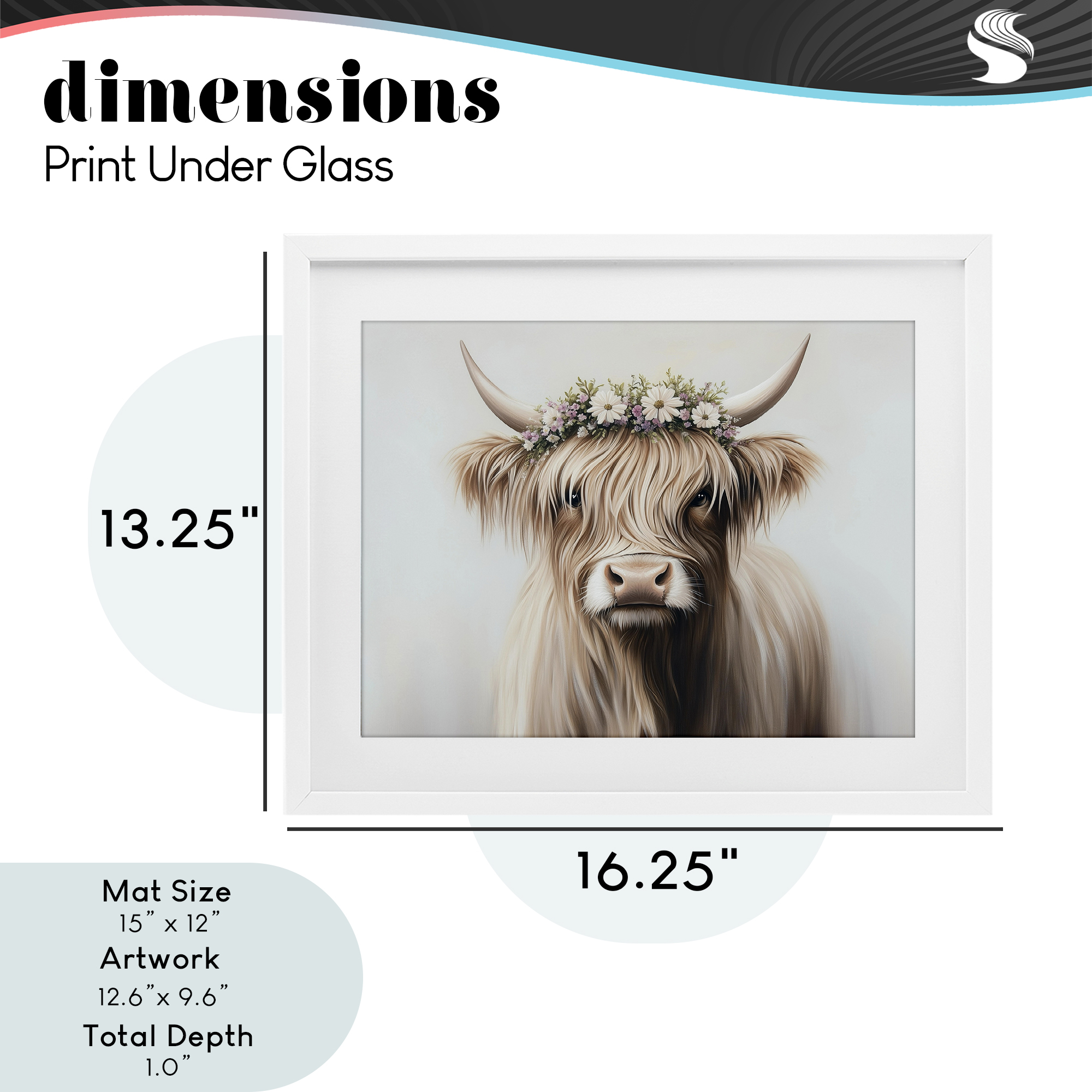Shaggy Cattle Floral Crown White Framed Print Under Glass, design by Shawna Stewart