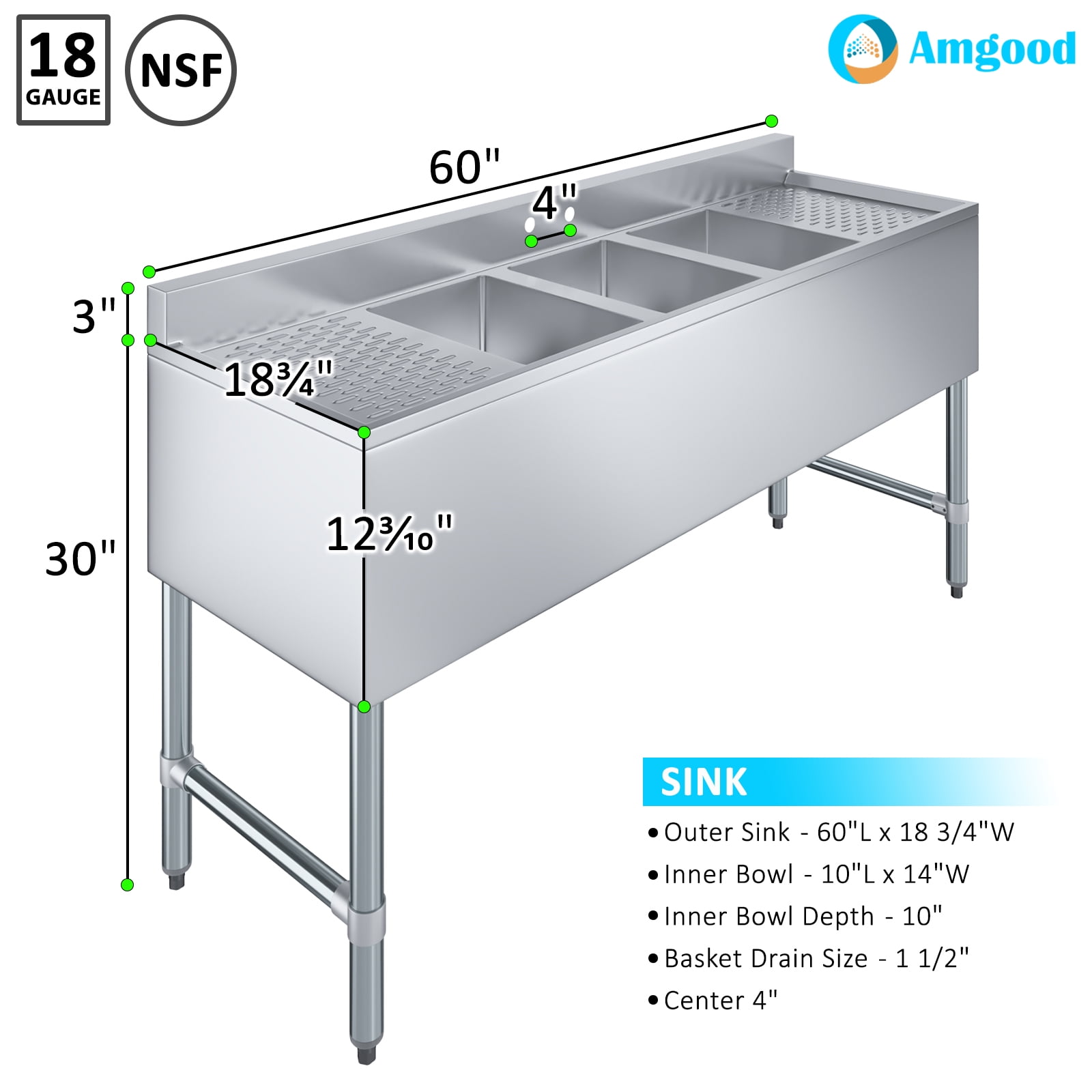 AmGood 60 in. x 19 in. Three Compartment Under Bar Sink With Right and Left Drainboards | Stainless Steel Commercial Three Bowls Underbar Sink NSF