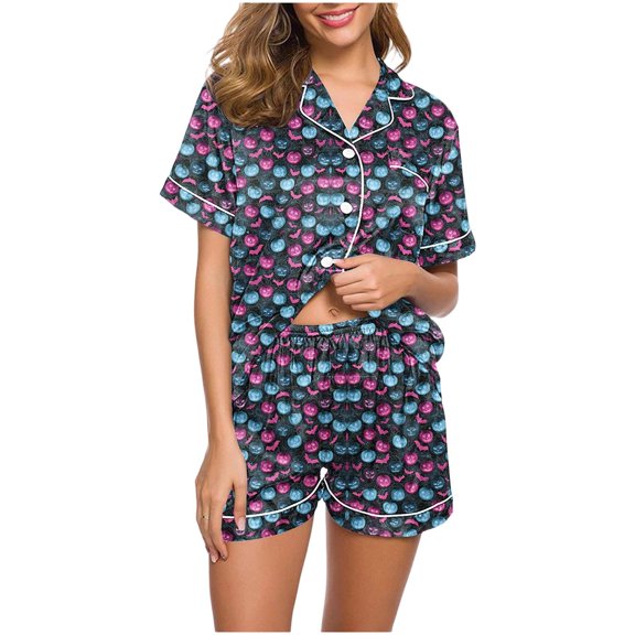 Warop Women's Halloween Print Short Sleeve Shorts Pajama Set Round Neck Relaxed Fit Cozy Holiday Casual Daily Loungewear Sleepwear Soft and Comfortable