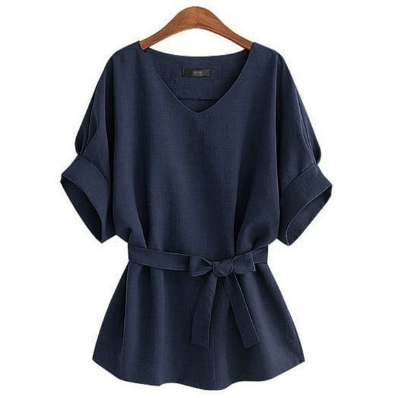 Outfmvch Linen Tunic Boho Tops for Women 2026 Cotton Linen Roll Up Short Sleeve Floral Print Linen Shirts Embroidery Gauze T-shirt for Women Navy M