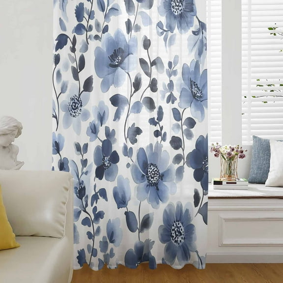 Blue Flowers Semi Sheer Curtains Drapes for Living Room, Bedroom, French Doors Window 84 Inches Long, Spring Rustic Watercolor Floral Leaves Rod Pocket Chiffon Curtain Drapery Voile Draperies Panel