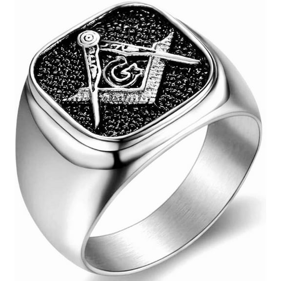 Stainless Steel Silver Gold Two Tone Signet Style Masonic Freemason Ring