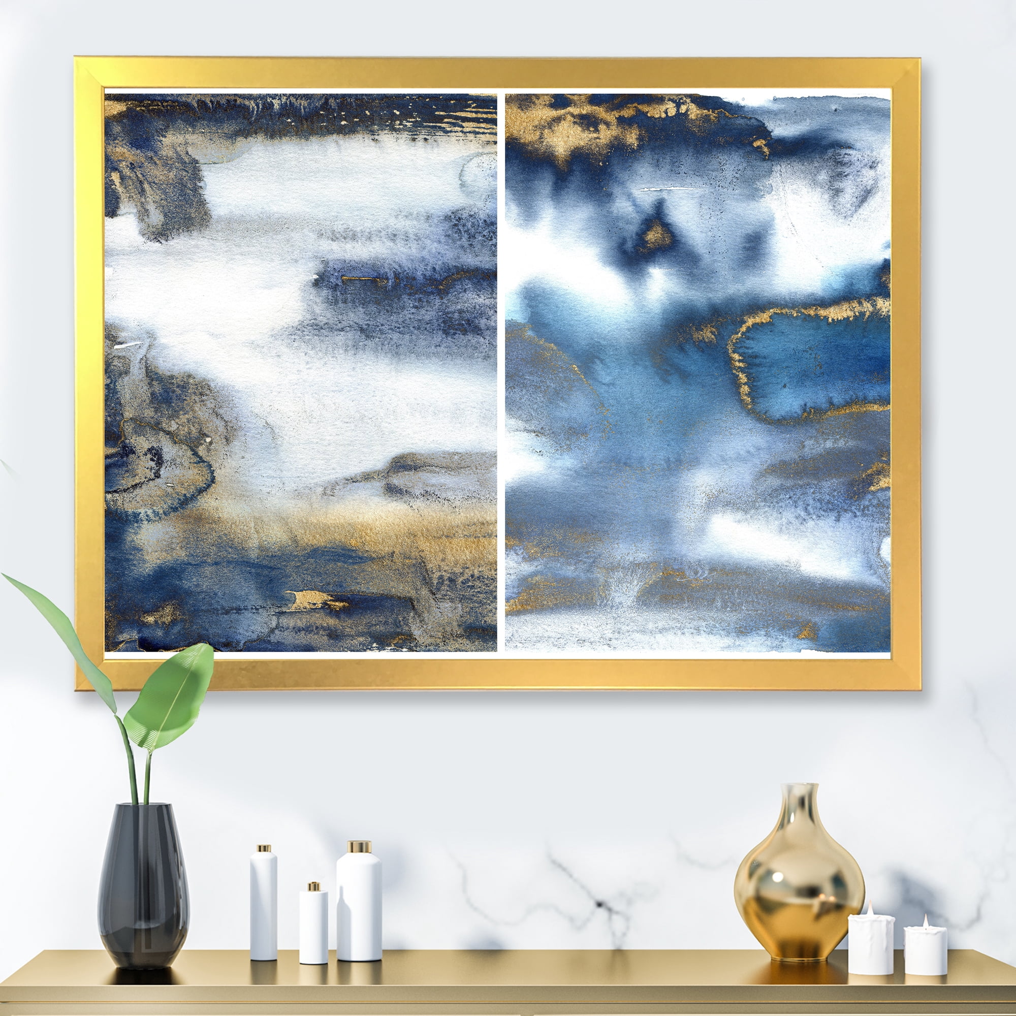 Designart 'Gold and Dark Blue Abstract Waves I' Modern Framed Art Print