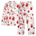 thumbnail image 2 of QIUOMBBP Women's Halloween Print Pajamas Set Casual Lapel Button Down Long Sleeve Sleepwear and Wide Leg Pant 2 Piece Lounge Sets, Red, XXL, 2 of 5