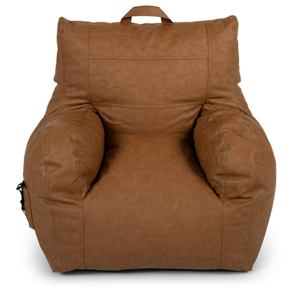 Big Joe Dorm Bean Bag Chair with Drink Holder and Pocket for Teens and Kids, Caramel Vegan Leather, Kids and Teens, 3 foot Gaming and Reading Nook Seat, Refillable