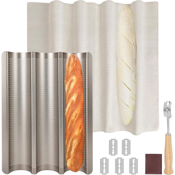 OFEFE Nonstick Baguette Bread Pan with Perforated Design - 15x11 Inch French Bread Baking Pan Kit Includes Proofing Cloth & Dough Cutter for 3 Loaves, Commercial Grade for Home Bakers & Professional