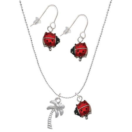 Delight Jewelry Silvertone Palm Tree Red Lucky Ladybug Necklace and Dangle Earrings Set