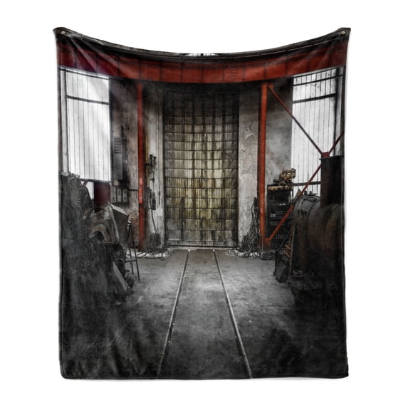 Industrial Soft Flannel Fleece Throw Blanket, Rusty Storage Warehouse with Big Gate Doorway Aged Structure Machines Image, Cozy Plush for Indoor and Outdoor Use, 50" x 70", Multicolor, by Ambesonne