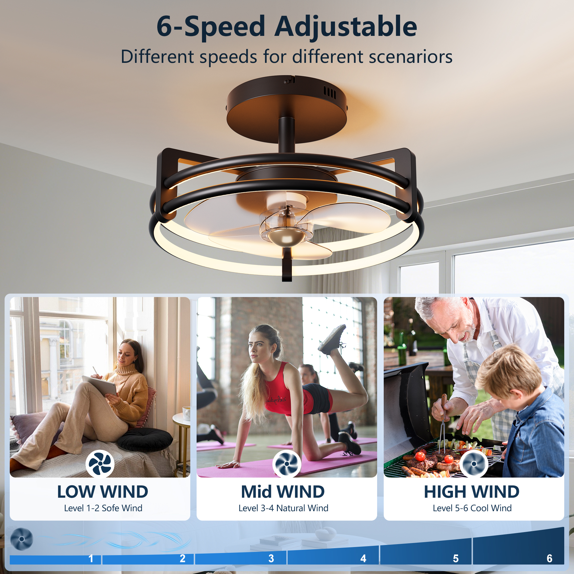 16 inch Ceiling Fan with Light and Remote Control, Black Modern Ceiling Fan for Kitchen, Bedroom, Indoor, 6 Speed, Quiet, Timing
