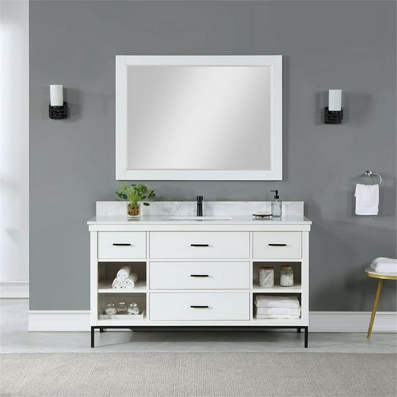 Kesia 60" Single Bathroom Vanity Set in White with Aosta White Composite Stone Countertop with Mirror