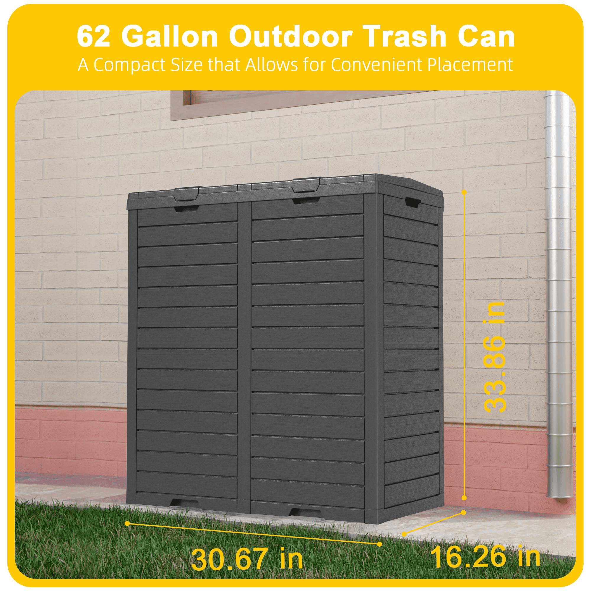 EasyUp Outdoor Trash Can with Lid, Outdoor Trash Bin & Pull-Out Liquid Drawer, Dual Lid Closure Design, Waterproof Resin Garbage Can Container for Patio, Backyard, Deck (Black,62)