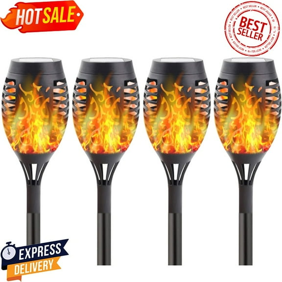 4 Pack 12 LED Outdoor Solar Torch Lights with Realistic Flame Effect, Waterproof LED Garden Path Lighting Stakes