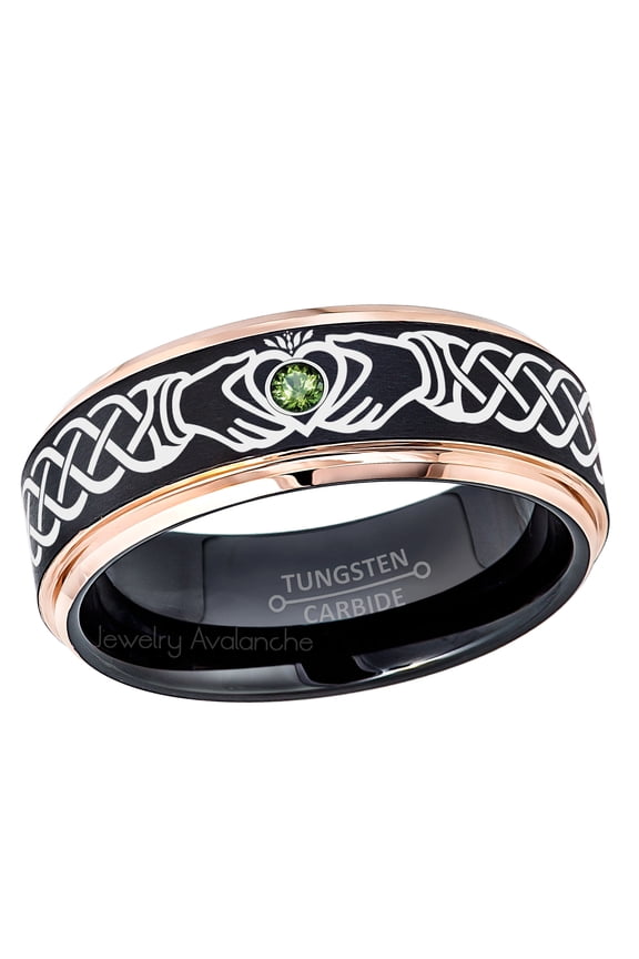 Claddagh Tungsten Ring - 2-Tone Rose Gold And Black Tungsten Carbide Wedding Band - 0.07ct Green Tourmaline Tungsten Ring - Personalized Tungsten Ring - Custom Made Birthstone Ring TN779CLDs9.5