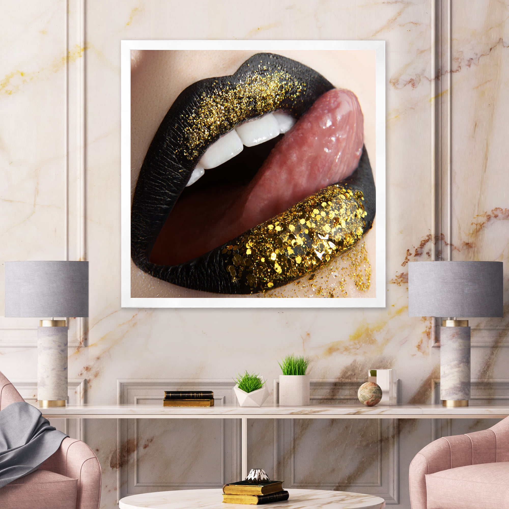 Designart 'Woman Lips Black Lipstick and Gold Sequins' Modern Framed Art Print