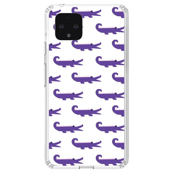 DistinctInk Clear Shockproof Hybrid Case for Google Pixel 4 XL (6.3" Screen) - TPU Bumper, Acrylic Back, Tempered Glass Screen Protector - Purple White Alligators - Cartoon Alligators