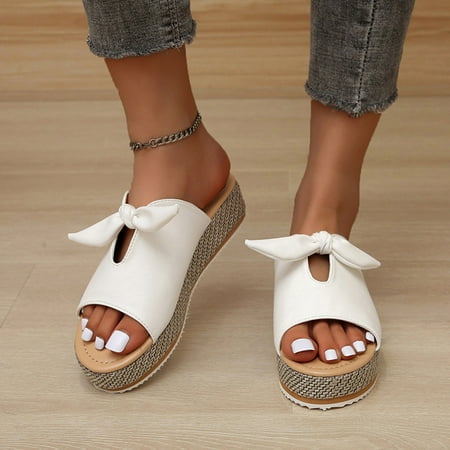 

uikmnh Women Shoes Fashion Women Summer Bow Comfortable Slip-On Flat Shoes Beach Weave Peep Toe Breathable Sandals White 8