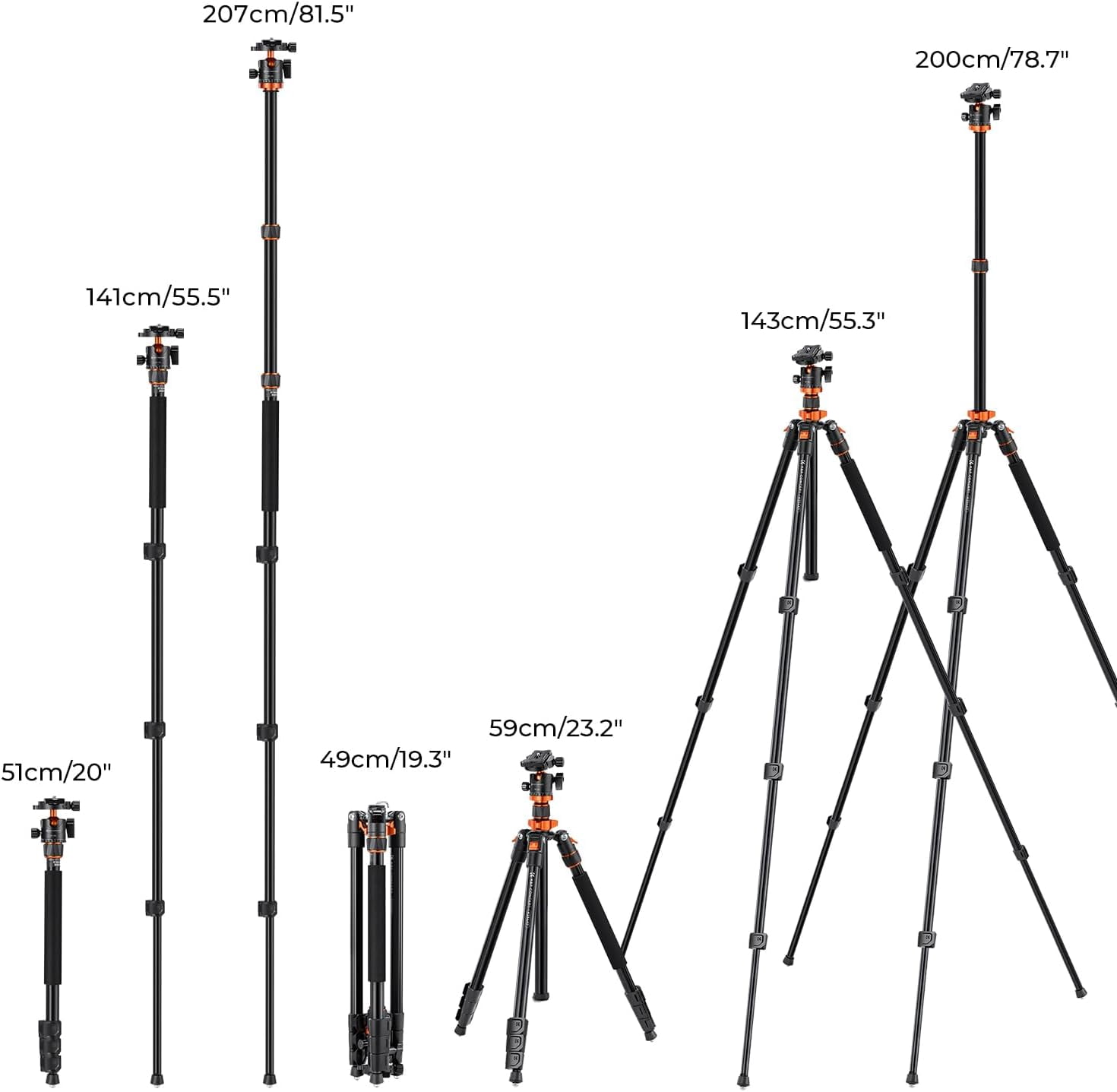 K&F CONCEPT 2m/78" Overhead Aluminum DSLR Tripod Compact Portable Vlog Tripod Monopod 22lbs/10kg Load with Rotatable 360° Center Column K234A7+BH-28L