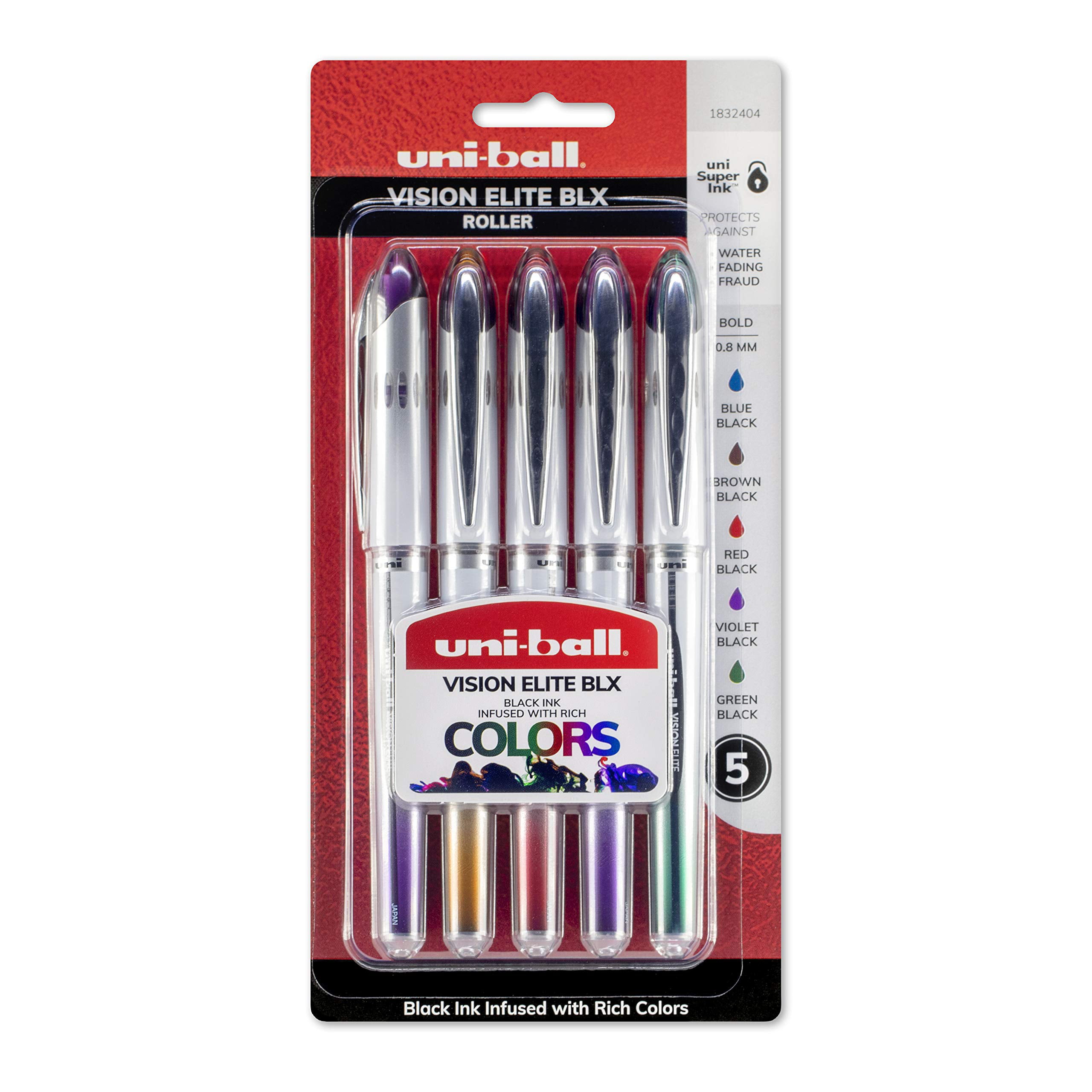 0.8mm 5 Count uni-ball Vision Elite BLX Infusion Rollerball Pens Assorted Colors Bold Point 