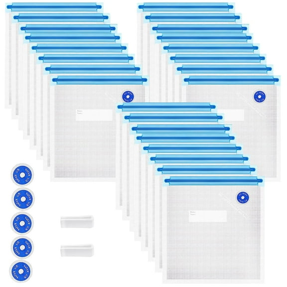 Vacuum Sealer Bags, 31 Pcs Reusable Food Storage Bags with Double Zipper Seal, 24 Bags 2 Clips 5 Air Valves, Microwave , Clear Plastic for Cooking Freezing