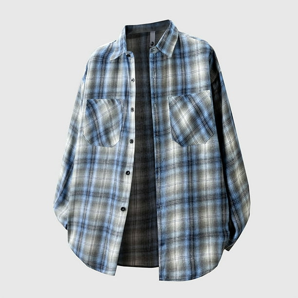 Blusa y camisa de manga larga con cuello vuelto para hombre, blusa informal a cuadros a la moda con botones y cuello vuelto, blusa de poliéster para hombre