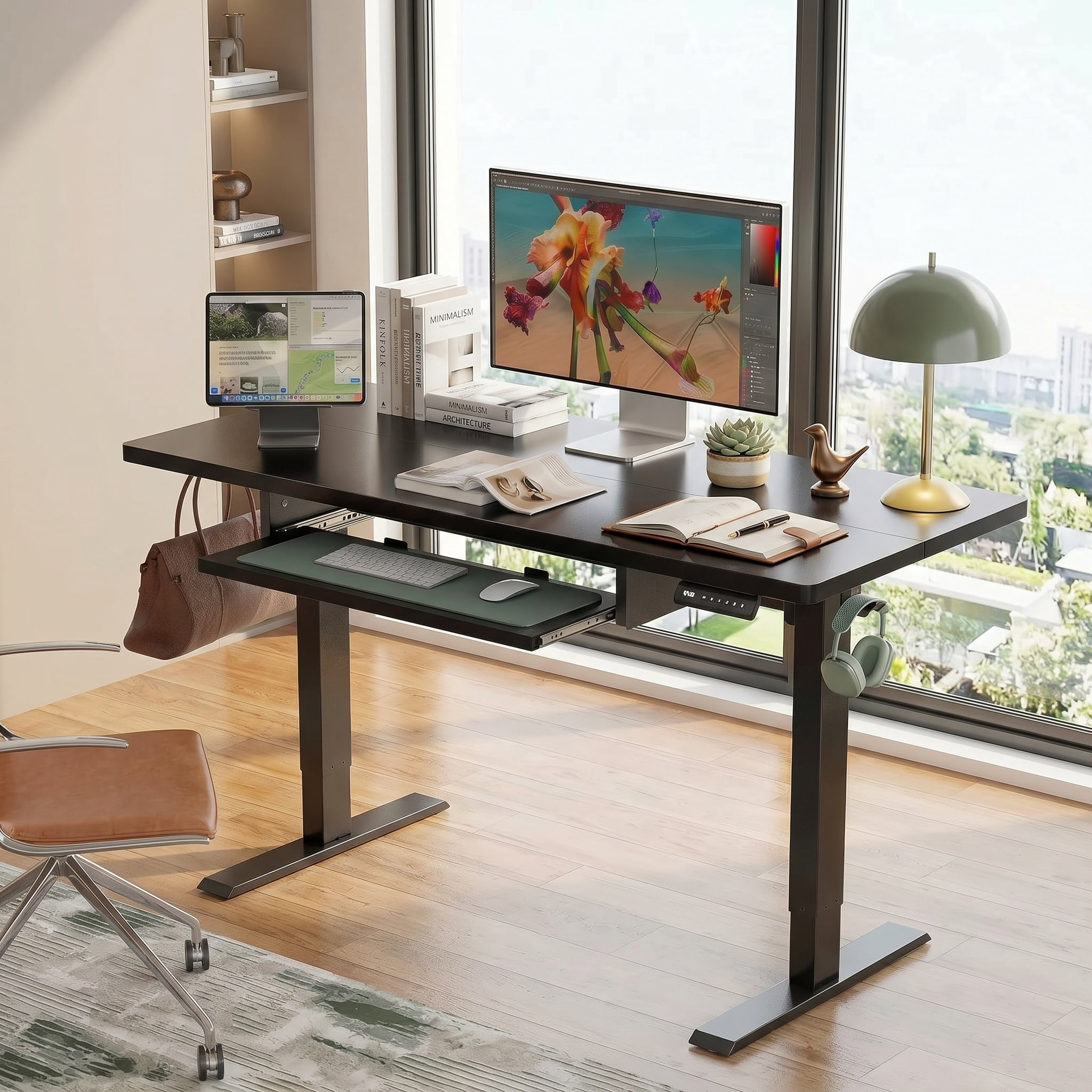 55" x 24" Electric Standing Desk with Keyboard Tray, Height Adjustable Sit Stand up Desk with Headphone Hook & 4 Height Memory Pre-Set for Home Office, Black