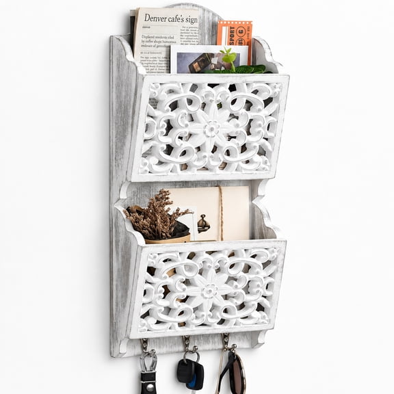Rustic Wooden Wall Mount Mail & Key Holder, 2-Slot Mail Organizer with 3 Hooks, Solid Wood Entryway Organizer for Keys & Letters, 16.5x6.97x2.36 In
