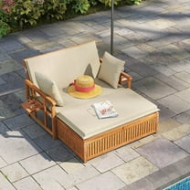 Costway Outdoor Wooden Daybed with 4-Level Backrest & Removable Cushions for Poolside