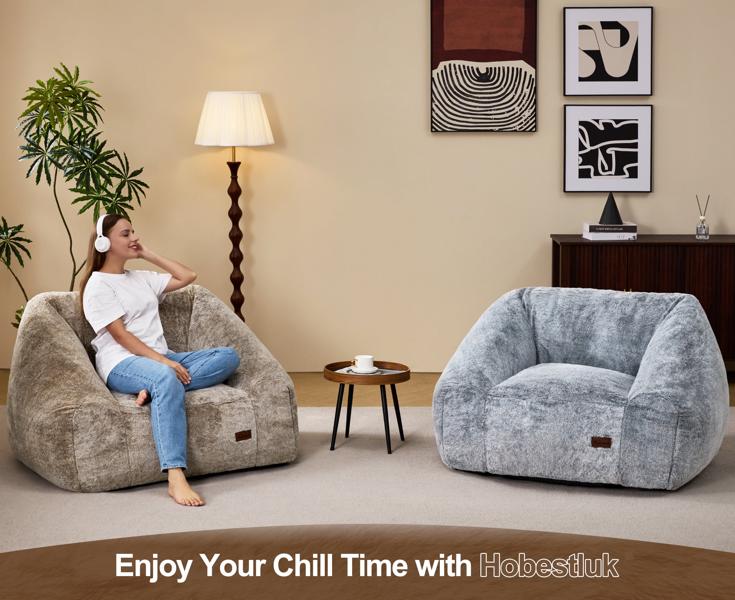 Hobestluk Oversized Bean Bag Chair for Adults with Filler, Large Cozy Reading Chair, Comfortable Lounge Chair for Living Room and Bedroom (Brown Two-Tone)