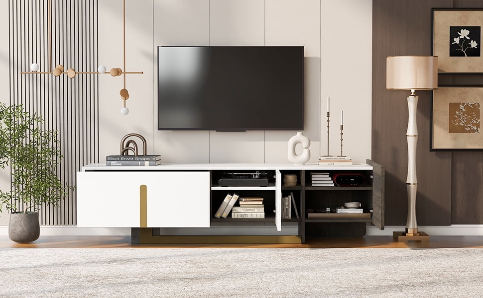 Euroco 66.7'' Light Luxury TV Stand for TVs up to 70 Inches, Modern TV Cabinet with Metal Legs, 1 Drawer, 2 Cabinets and Adjustable Shelves for Living room
