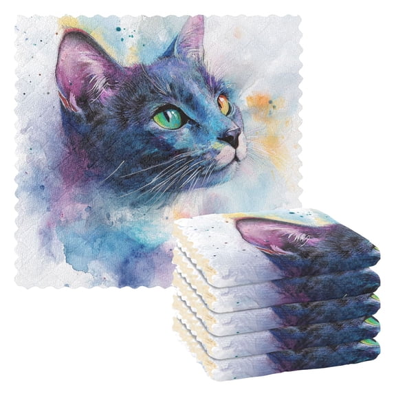 6 Pieces of Kitchen Towels 11x11Inch Kitchen Dish Cloths Kitchen Dish Towels Reuseable Cleaning Cloths Blue Watercolor Cat