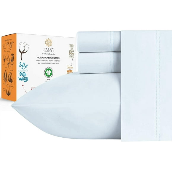 100% Organic Cotton Bed Sheet Set - Crisp and Cooling Percale Weave, Soft Breathable, Eco-Friendly, 4 Piece Bedding Set, Deep Pocket with All-Around Elastic, ZMLEVE (Full, Blue)