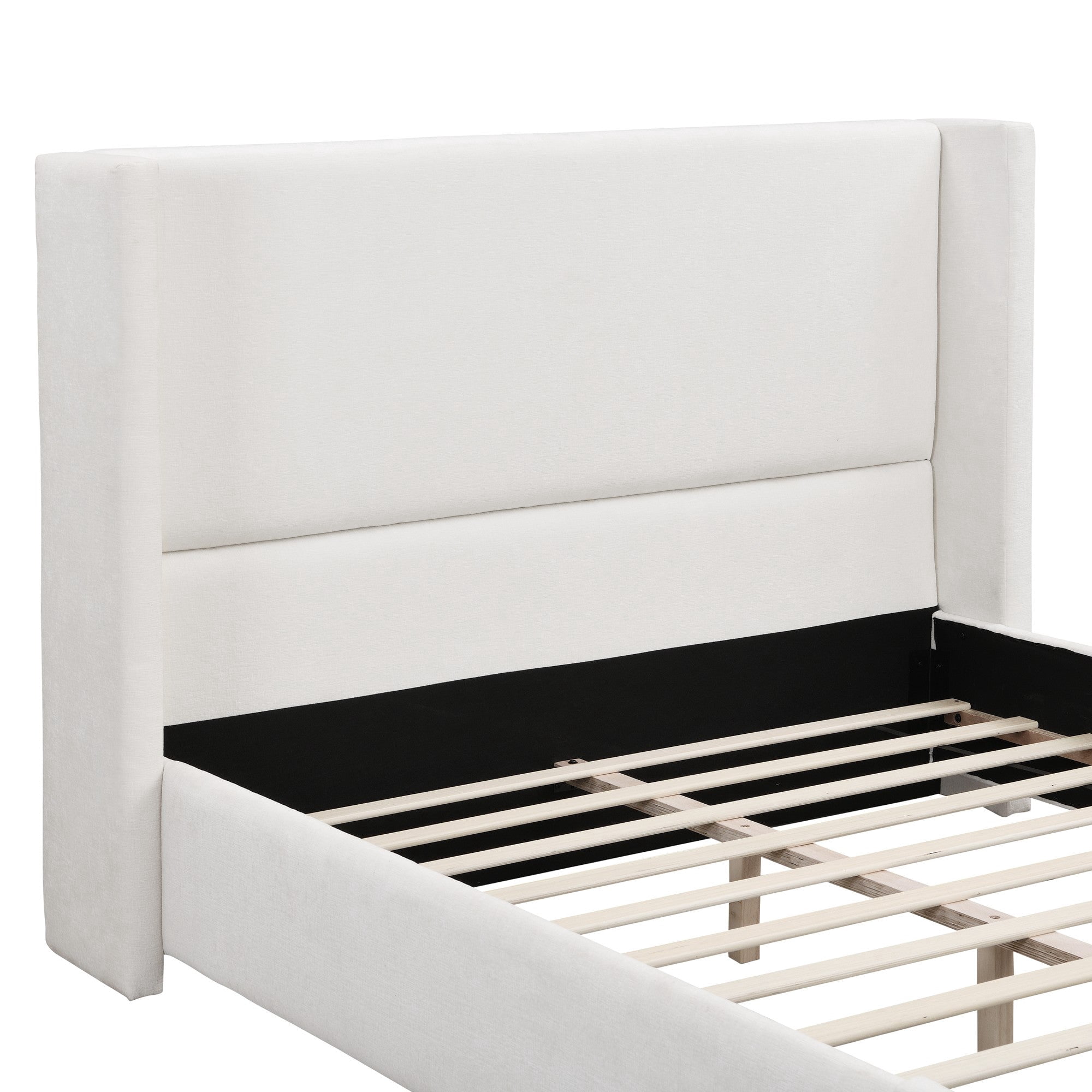 Sailvan Queen Elegant Fabric Upholstered Bed with Tall Wingback Headboard,Modern White Bed Frame for Bedroom,Queen and King Sizes
