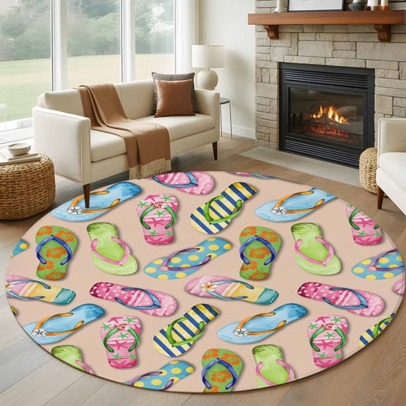 Summer Slippers Round Area Rug 6Ft Washable Circle Rugs for Bathroom Office, Watercolor Flip Flops Ocean Beach Light Brown Non-Slip Carpet Floor Mats Indoor Outdoor Carpet Runner Aesthetic Home Decor