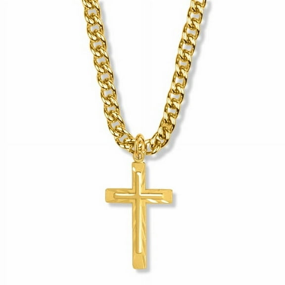 Singer Men's 1-1/4 Inch 14K Gold Over Sterling Silver Diamond Engraved Inner Cross Necklace with Stainless Steel Gold Plated 24" Chain, Style Cross