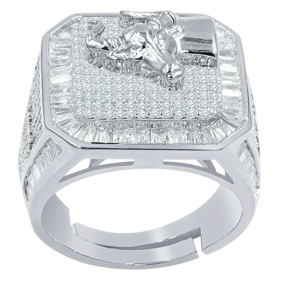 14K White Gold Finish Taurus Bull Zodiac Sign Astrology Horoscope Band Baguette & Round Cut Simulated Diamond Mens Ring