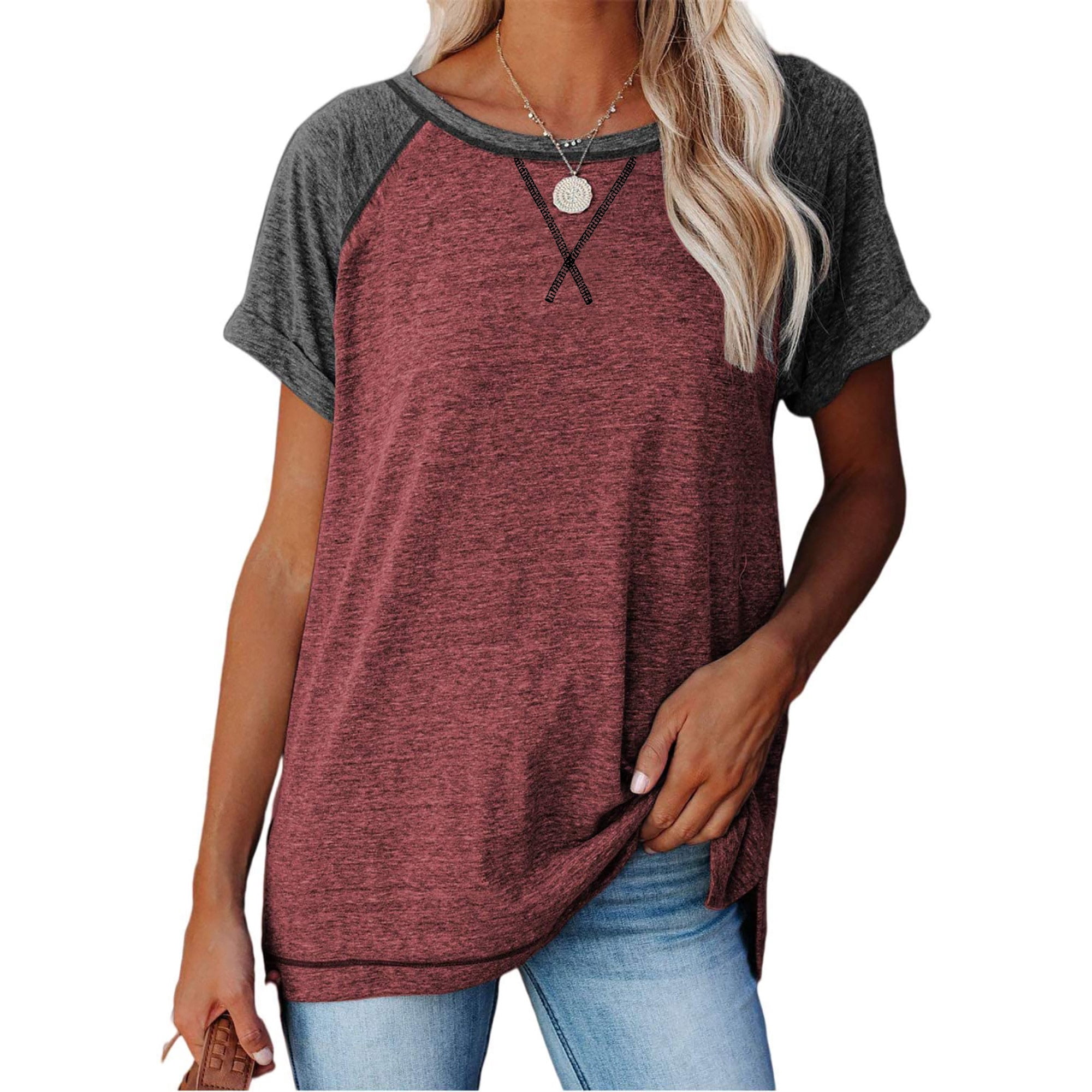 SHIBEVER Womens Tops Summer Short Sleeve T Shirts Casual Loose Side Split Tunic Tops Striped Crewneck Color Block Tops Lady Blouses Red M