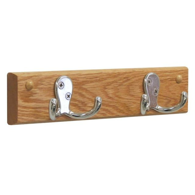 2 Double Prong Nickel Hook Rail & Coat Rack - Light Oak - 10 x 225 x 175 in.