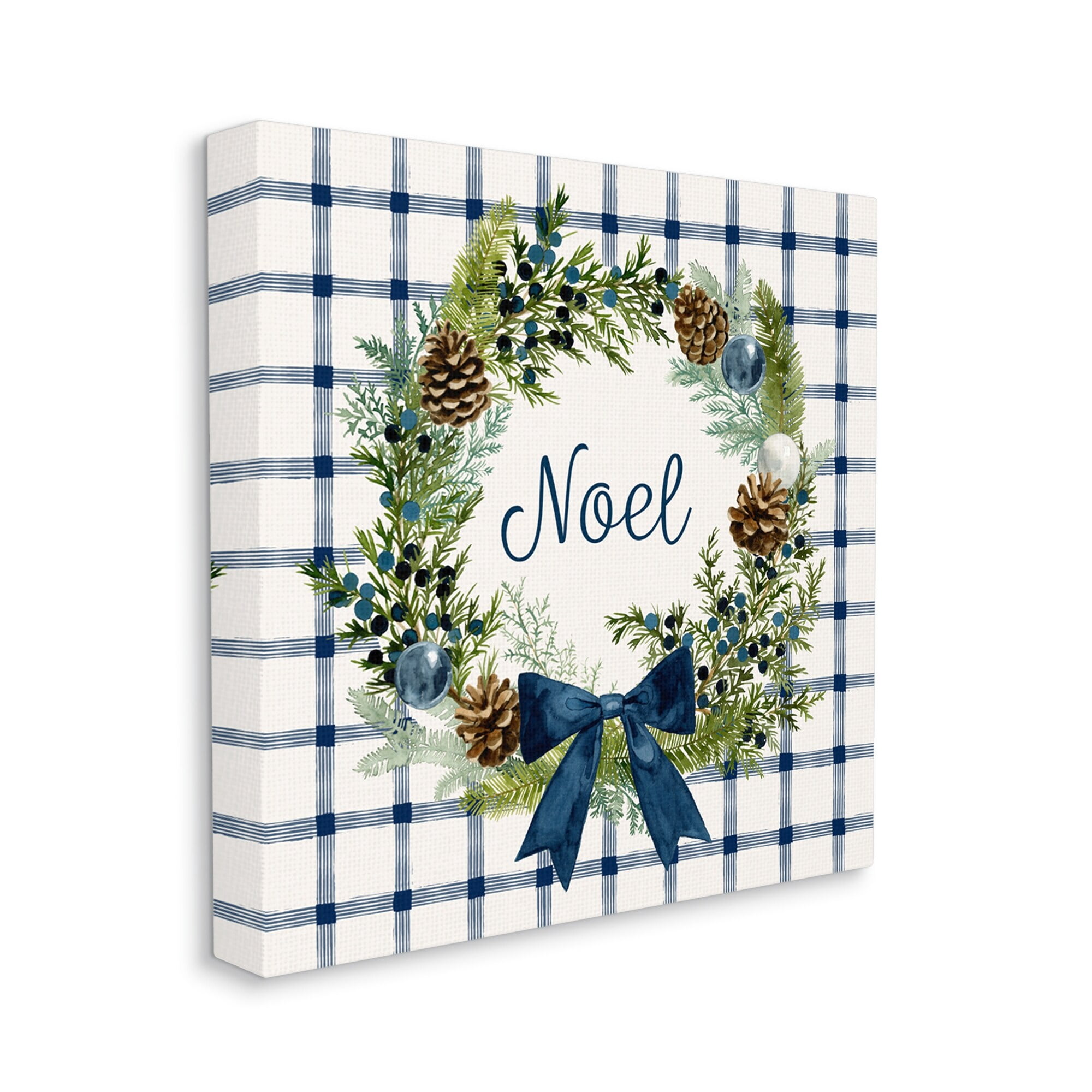Stupell Industries Winter Noel Sentiment Pinecone Wreath Blue Plaid, 24 x 24,Design by Victoria Barnes
