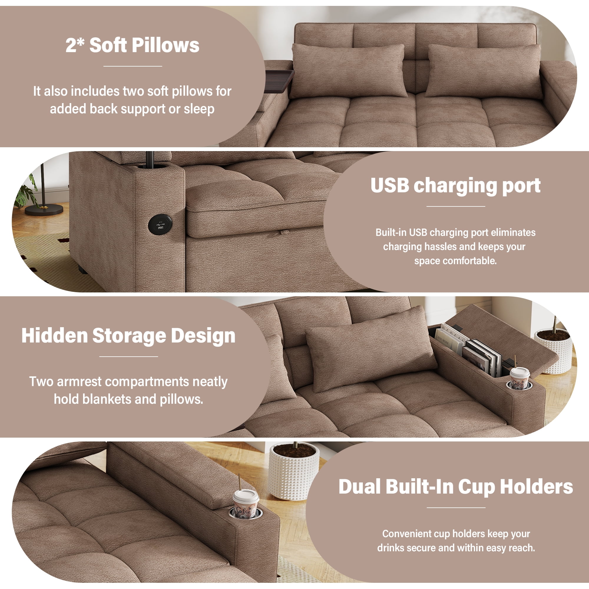 Aukfa 65"W Convertible 3-in-1 Sofa Bed with Storage, Queen Chenille Sleeper Couch with USB/Type-C Ports & Rotating Side Table,khaki