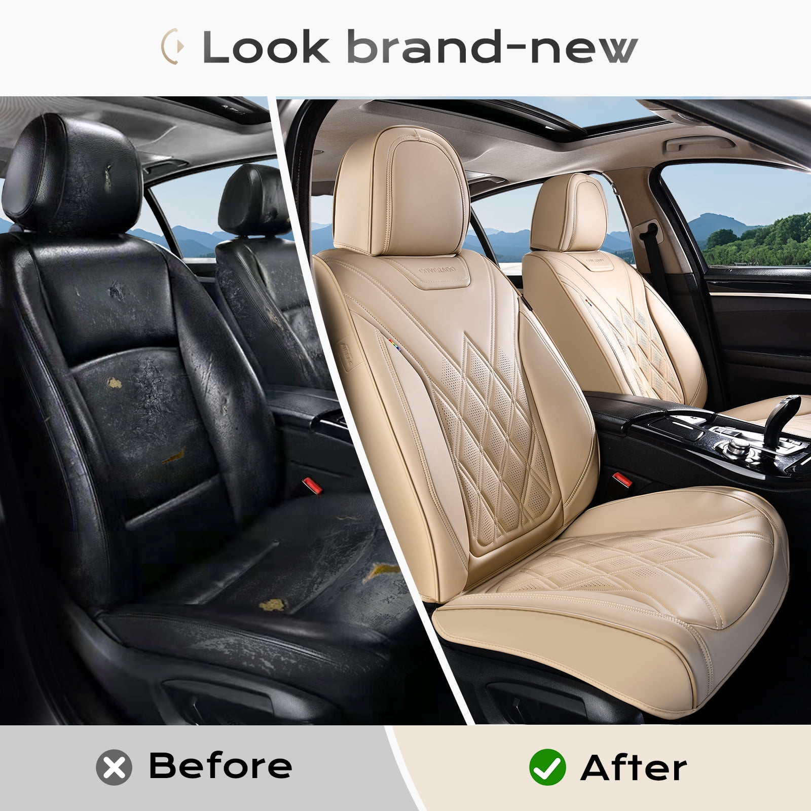 Coverado Full Set Covers For Cars, Waterproof Faux Leather Front and Rear Seat Protectors, Auto Cushions Universal Fit for Most Cars, Beige
