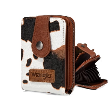 Wrangler Cow Print Wallet Women Small Credit Card Holder with Rfid Blocking Zip Credit Card Case,Compact & Easy to Carry Gifts for Women, Cow-Brown