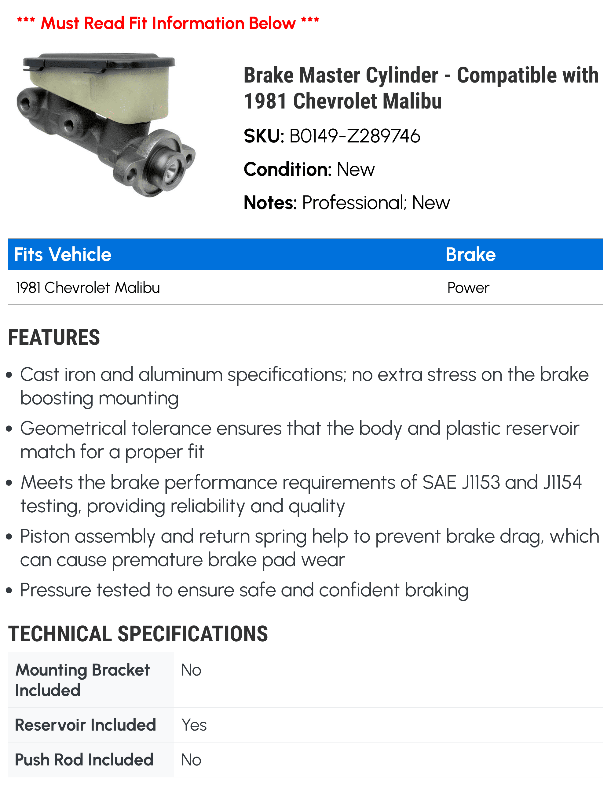 Brake Master Cylinder - Compatible with 1981 Chevrolet Malibu - AC Delco