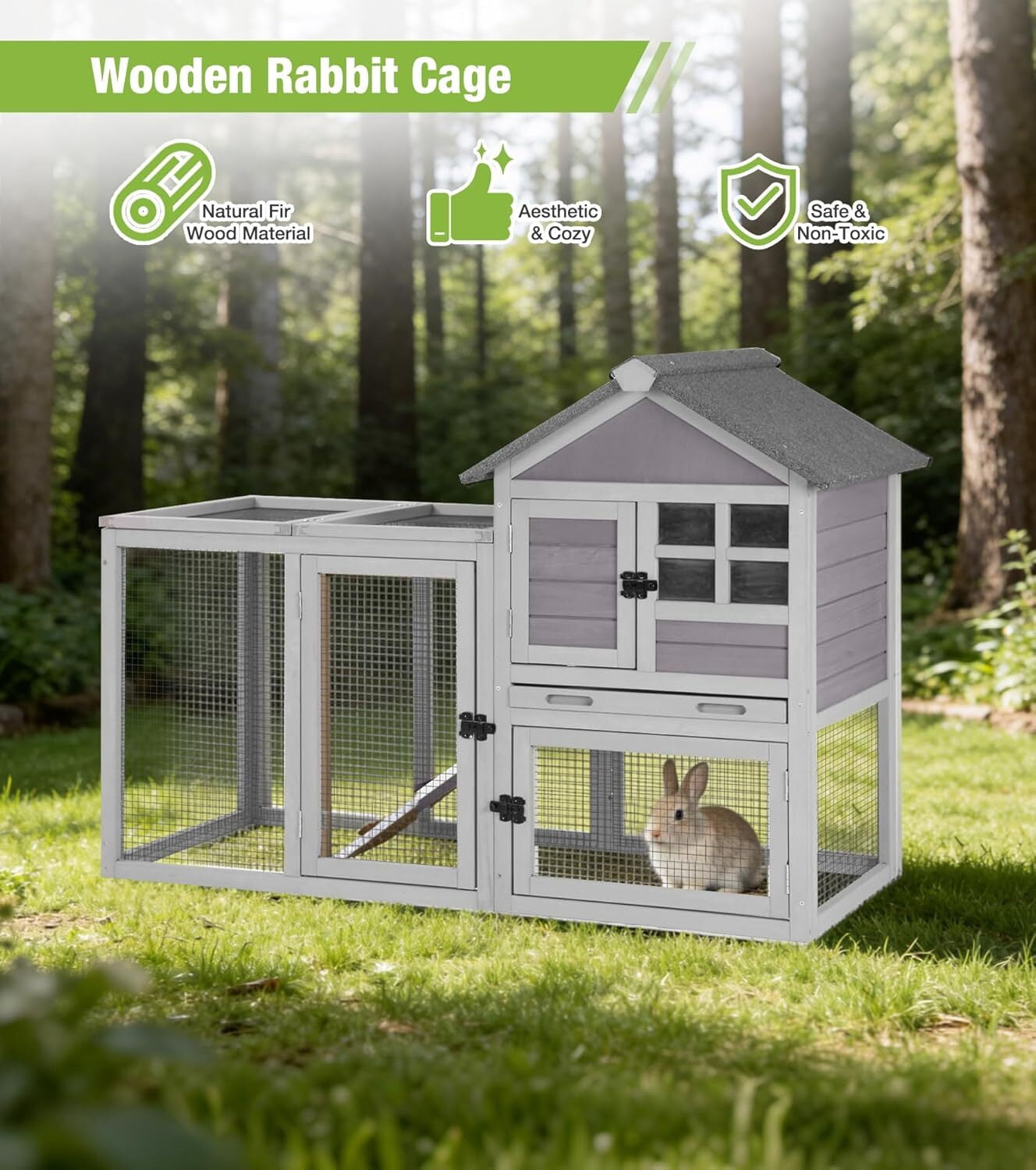 Aivituvin Rabbit Hutch Indoor Outdoor Chicken Coop, 51.6" L Wooden Rabbit Cage with No Leakage Plastic Tray, Rainproof Asphalt for Chicken,Guinea Pig, Bunny Hutch(Gray)