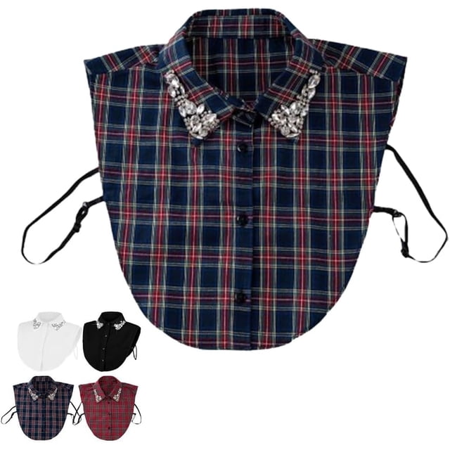 Col Détachable à Carreaux de Noël Rouge avec Strass, Fausse Chemise pour Femme Col Dickey Fausse Demi-Chemise