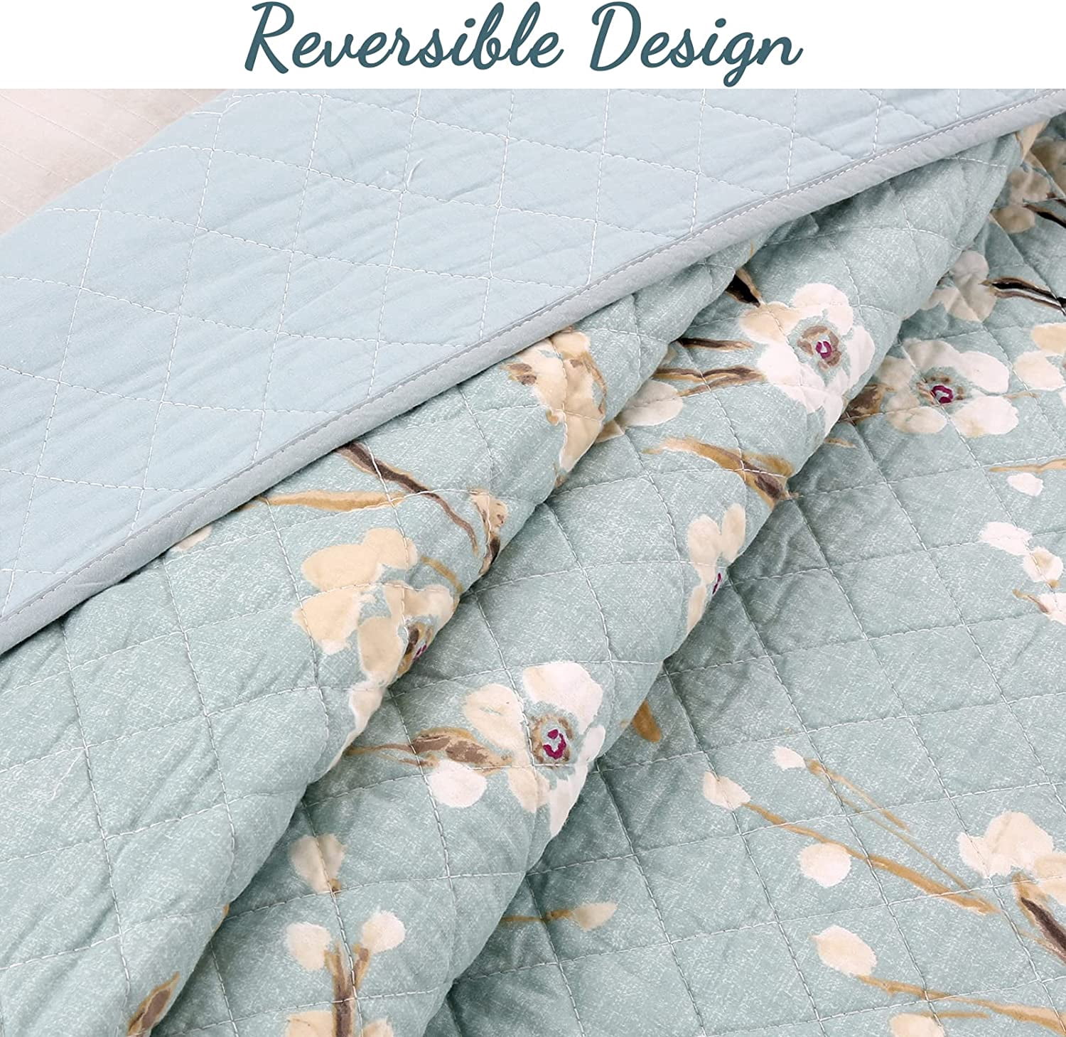 Cozy Line Home Fashions Sky Blue Floral Cotton Quilt, King - Reversible