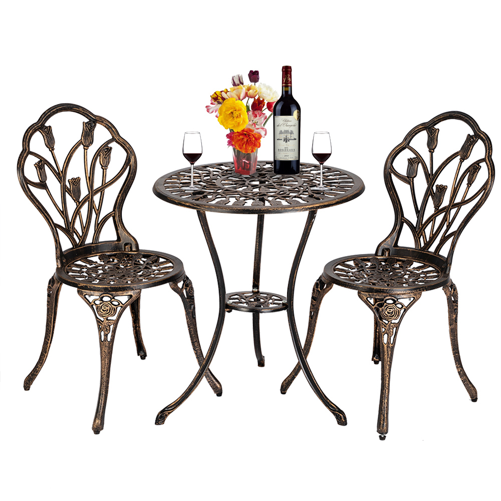 Kepooman 3 Piece Garden Bistro Table Set, Cast Aluminum Outdoor Furniture Weather Resistant Patio Table and Chairs for Yard, Balcony, Porch, Bronze