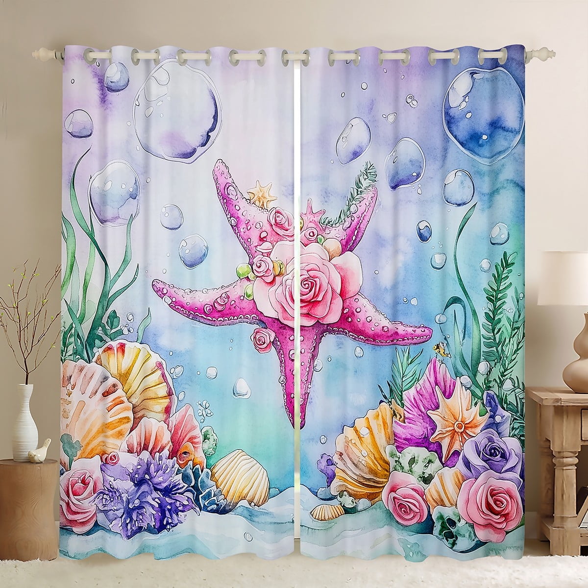 Seaside Starfish Blackout Window Curtain Panel Blue Single 52x84