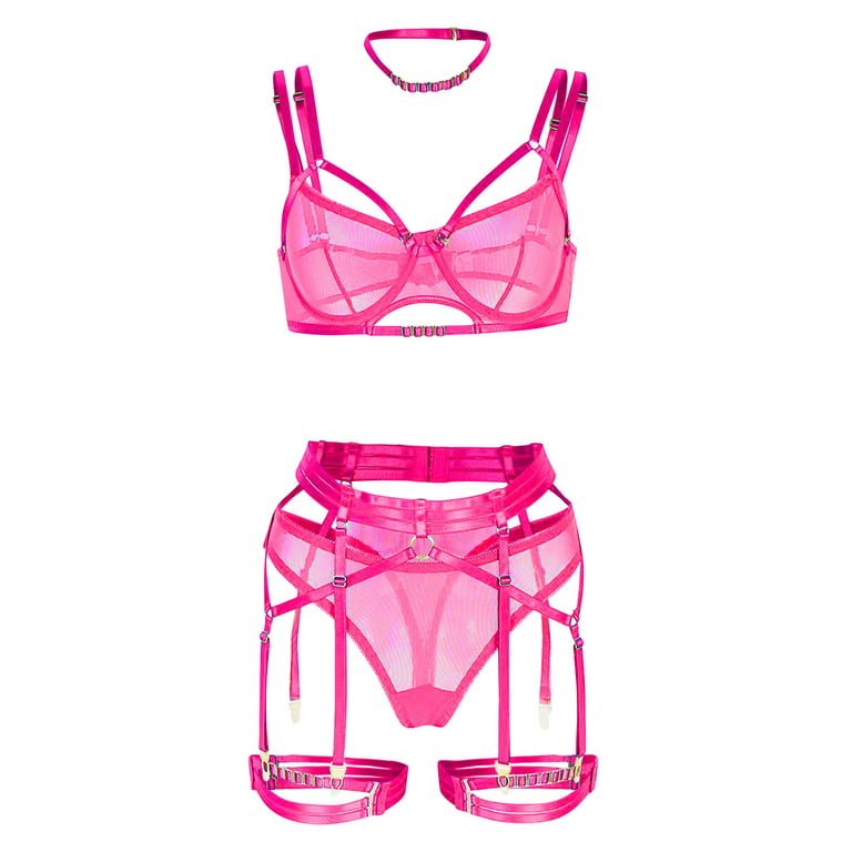 RQYYD Reduced Women's 3 Pieces Exotic Lingerie Set Lace Underwire Lingerie  Sets Sexy Lingerie Set with Garter Bra and Panty(Hot Pink,XL)