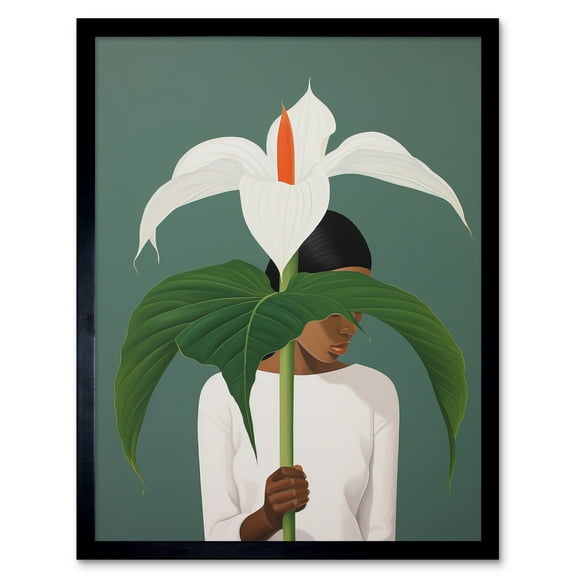 Giant Peace Lily Showcase Realistic Oil Painting White Teal Green Woman with Flower Minimalist Artwork Art Print Framed Poster Wall Decor 12x16 inch
