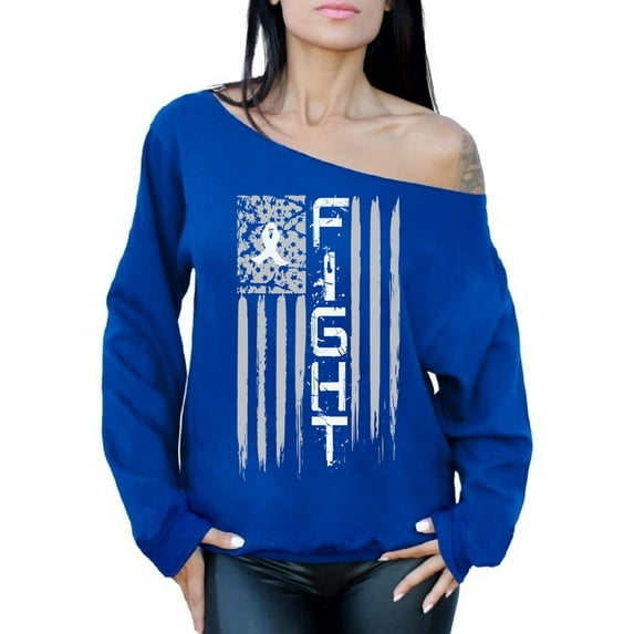 Awkward Styles Women's Lung Cancer Distressed American Flag Graphic Off Shoulder Tops Oversized Sweatshirt Fight White Ribbon